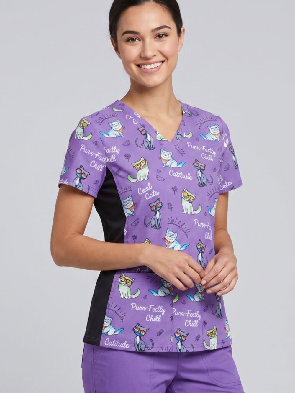 NWT | SCRUBSTAR Flex Fit Purple "Catitude" Cat Print Mesh Panel Scrub Top | XS